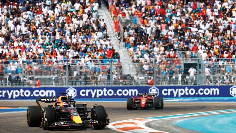 Max Verstappen leads Charles LEclerc in the 2022 Miami Grand Prix