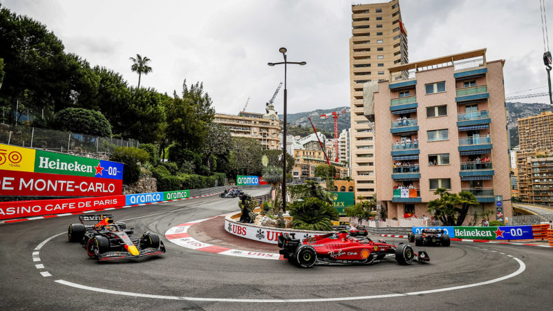 Max Verstappen running behind Carlos Sainz before the 2022 Monaco GP restart