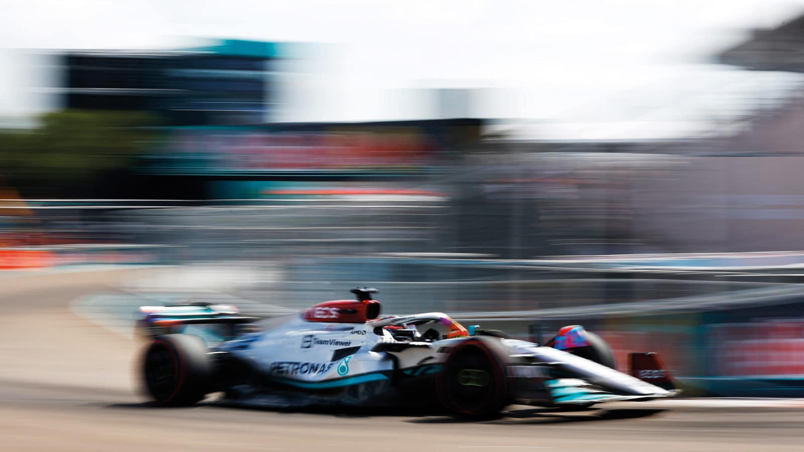 Mercedes of George Russell against the blurred background of the 2022 Miami Grand Prix