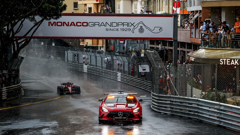 Safety car leads Charles LEclerc on a formation lap of the 2022 Monaco Grand Prix