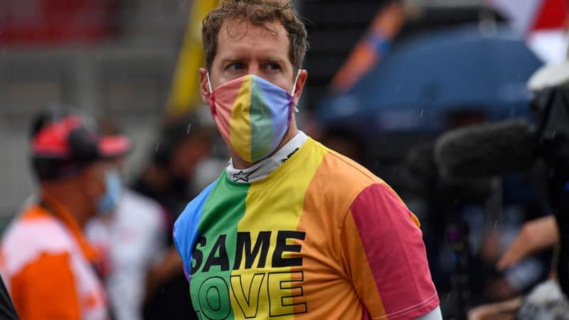 Sebastian Vettel in rainbow t shirt supporting LGBT rights at the 2021 Hungarian Grand Prix