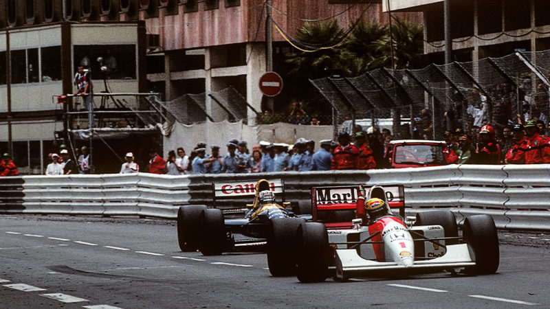 Ayrton Senna, Nigel Mansell, McLaren-Honda MP4/7A, Williams-Renault FW14B, Grand Prix of Monaco, Monaco, 31 May 1992. (Photo by Paul-Henri Cahier/Getty Images)