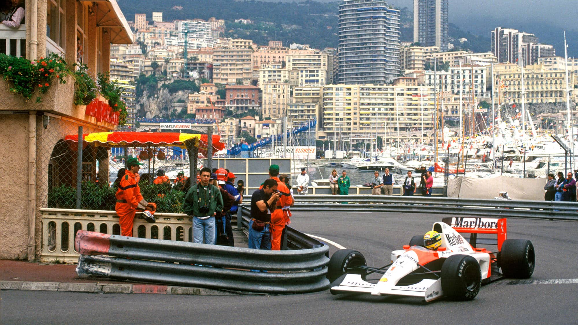 Ayrton Senna in the McLaren-Honda at La Rascasse corner leaving the quayside. Went on to win the race. Monaco GP, 12 May 1991. (Photo by: GP Library/Universal Images Group via Getty Images)