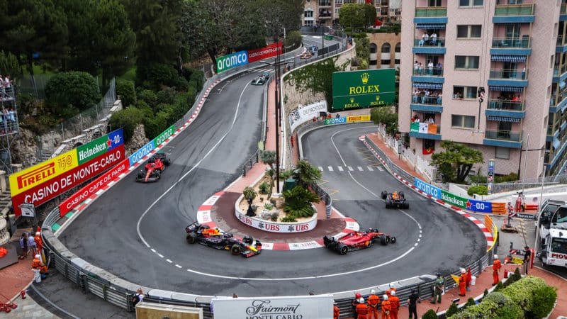 Sergio Perez leads Carlos Sainz Max Verstappen and Charles LEclerc at Loews Hairpin in the 2022 Monaco Grand Prix