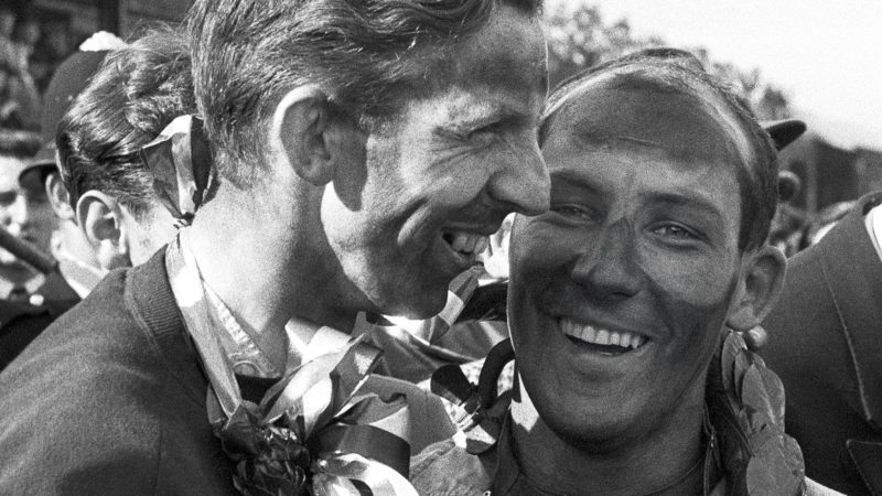 Tony Brooks and Stirling Moss celebrate 1957 British Grand Prix victory