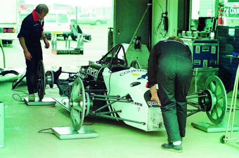Tyrrell being weighed at Silverstone ahead of the 1987 British Grand Prix