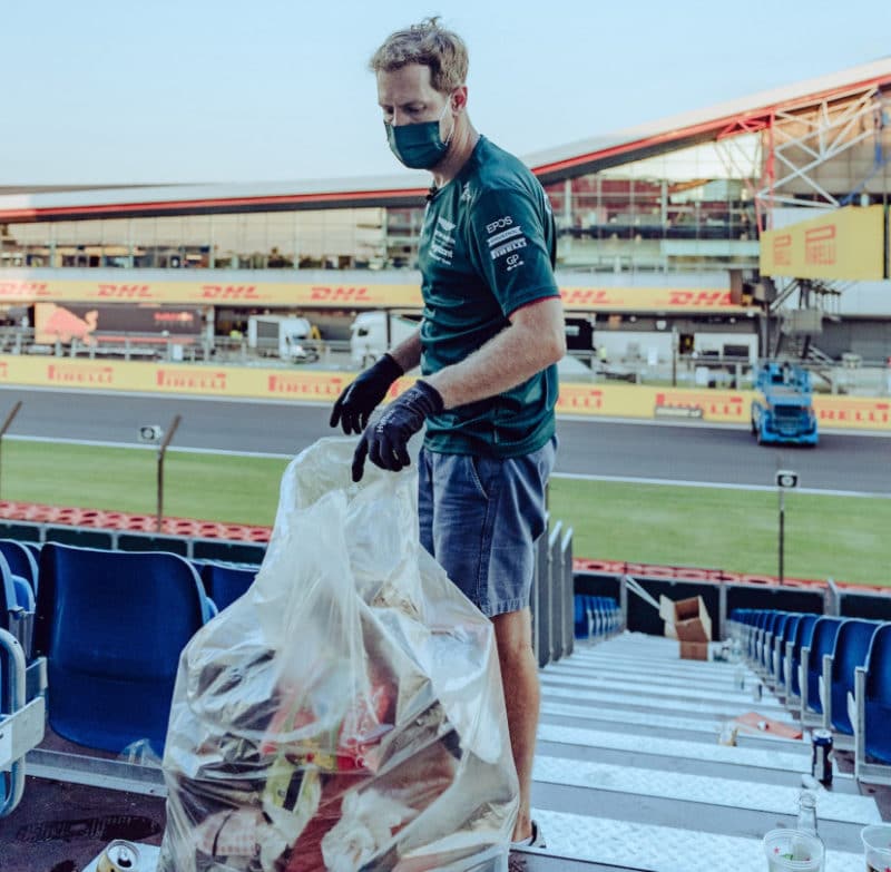 Vettel picking litter at Silverstone