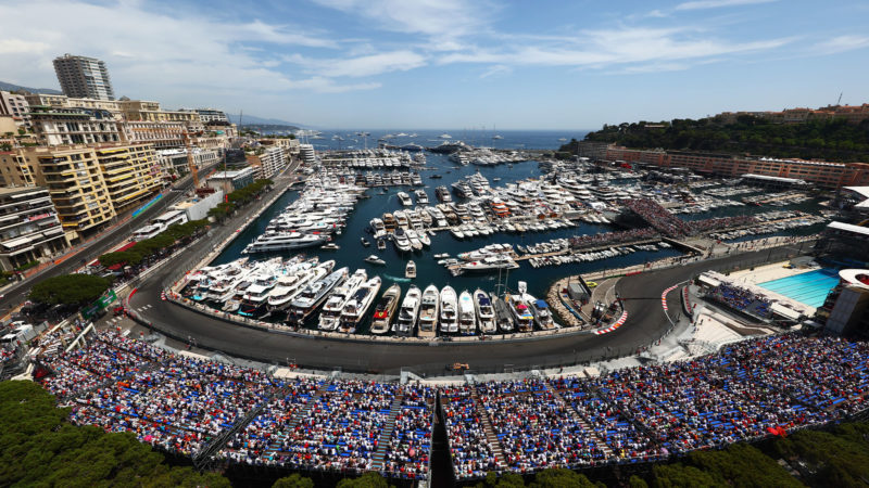 Wide view of Monaco harbour with Daniel Ricciardo on track in qualifying for the 2022 Monaco Grand Prix