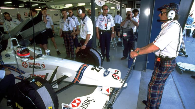 Jackie Stewart with Rubens Barrichello’s car