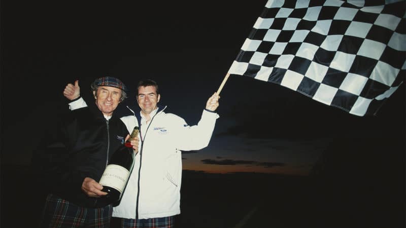 Jackie and son Paul Stewart celebrate