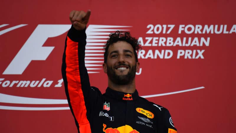 Daniel Ricciardo on podium after winning 2017 Azerbaijan GP for Red Bull
