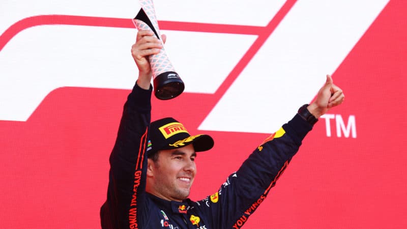 Sergio Perez on the podium after finishing second at 2022 Azerbaijan GP for Red Bull