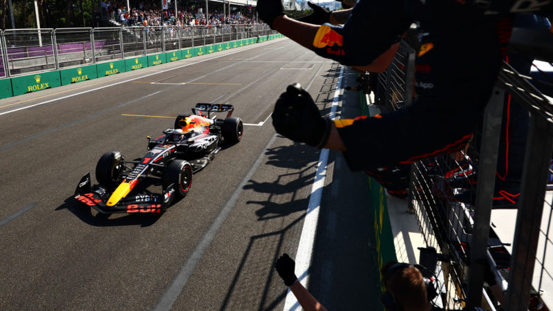Maz Verstappen crossing the line to win the 2022 Azerbaijan GP for Red Bull