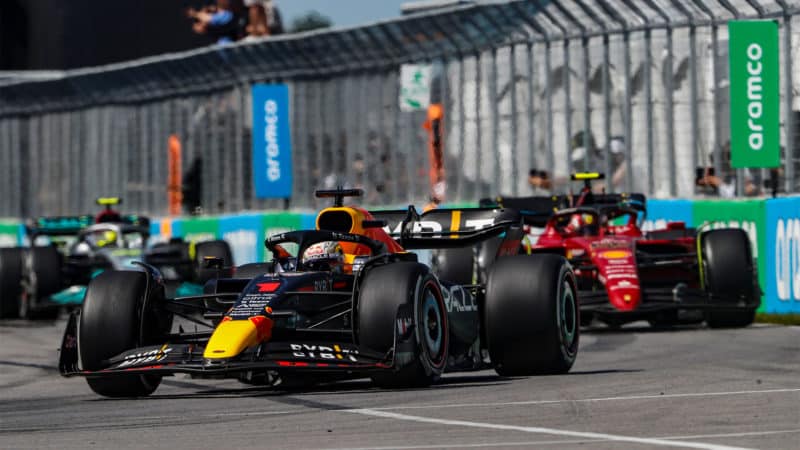 Max Verstappen leads Carlos Sainz in the 2022 Canadian Grand Prix