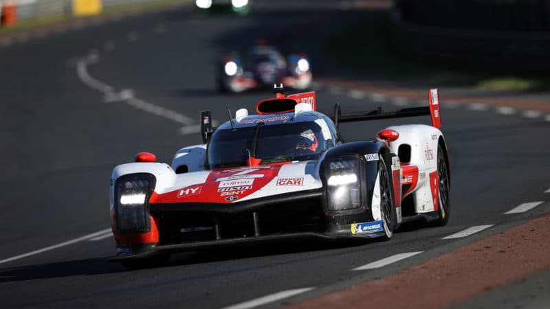 LE MANS, FRANCE - JUNE 11: The #07 Toyota Gazoo Racing Toyota GR010 Hybrid of Mike Conway, Kamui Kobayashi, and Jose Maria Lopez in action at the Le Mans 24 Hours Race on June 11, 2022 in Le Mans, France. (Photo by James Moy Photography/Getty Images)