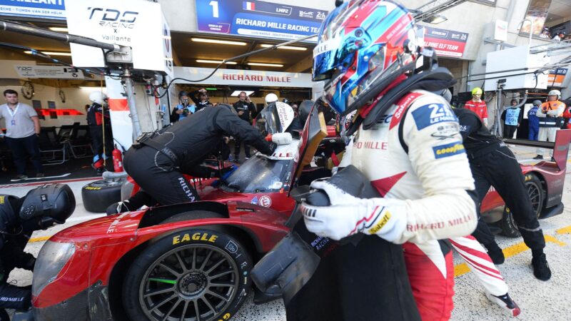 French's driver Lilou Wadoux leaves after a relay of her Oreca Gibson WEC, during the 90th edition of the Le Mans 24 Hours endurance race, in Le Mans, north-western France, on June 12, 2022. - Lilou WADOUX (Photo by JEAN-FRANCOIS MONIER / AFP) (Photo by JEAN-FRANCOIS MONIER/AFP via Getty Images)