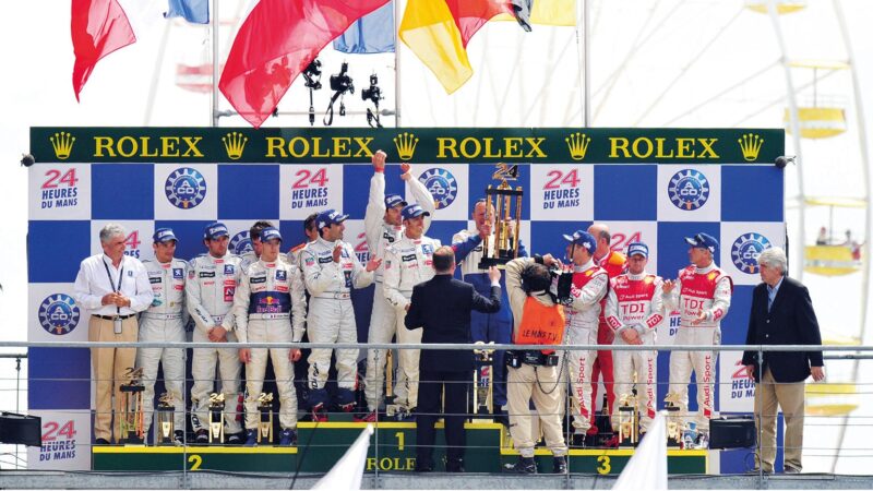 June 14, 2009 – Le Mans, France – Winners ALEXANDER WURZ, MARC GENE, and DAVID BRABHAM, second place, STEPHANE SARRAZIN, FRANCK MONTAGNY, and SEBASTIEN BOURDAIS, third place, TOM KRISTENSEN, ALLAN MCNISH, RINALDO CAPELLO, on the podium after the 24 Hours