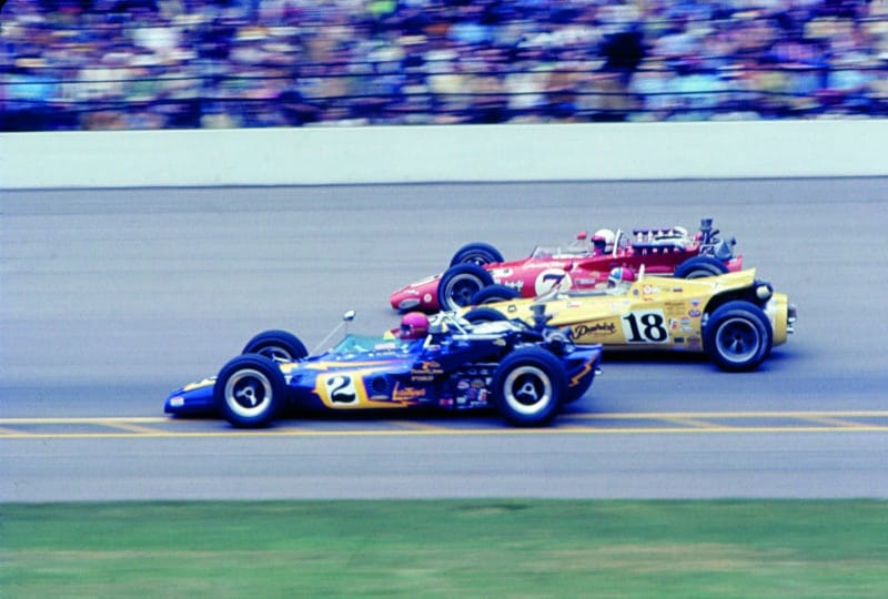 AJ Foyt Johnny Rutherford and Al Unser side by side in the 1970 Indy 500