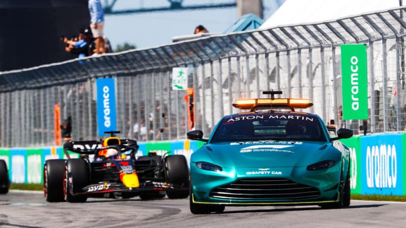 Aston Martin safety car leads Max Verstappen in the 2022 Canadian Grand Prix