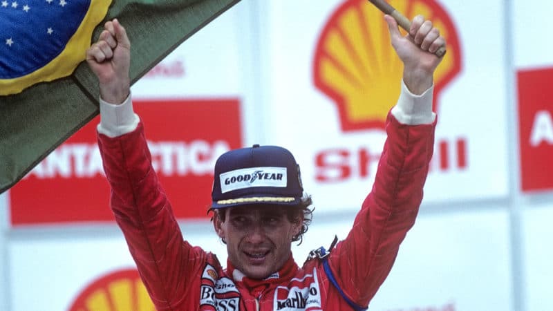 Ayrton Senna celebrates victory in the 1991 Brazilian Grand Prix
