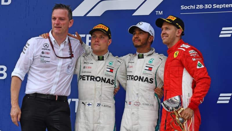 Bottas Hamilton and Vettel on the podium after the Russian Grand Prix