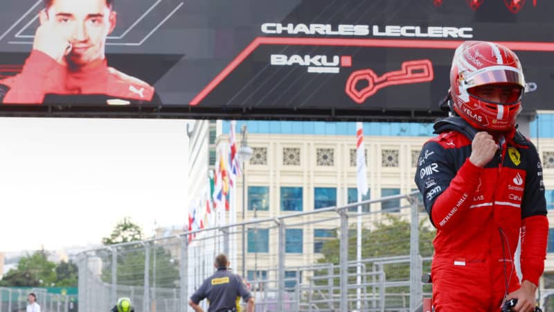 Charles Leclerc celebrates pole position at the 2022 Azerbaijan GP