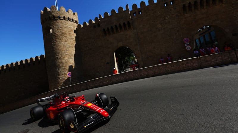 Charles Leclerc drives the Baku street circuit