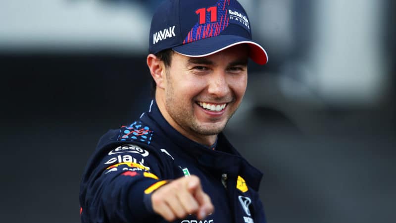 BAKU, AZERBAIJAN - JUNE 06: Race winner Sergio Perez of Mexico and Red Bull Racing celebrates in parc ferme during the F1 Grand Prix of Azerbaijan at Baku City Circuit on June 06, 2021 in Baku, Azerbaijan. (Photo by Mark Thompson/Getty Images)