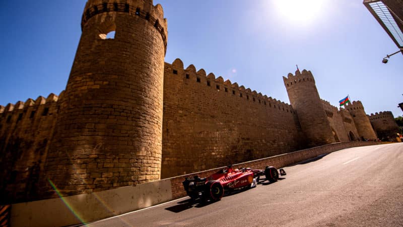 Ferrari of Charles Leclerc going past the fortress in Baku