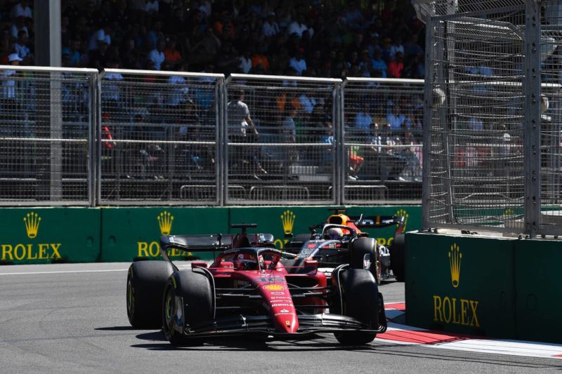Charls Leclerc (Ferrari) leads Max Verstappen Red Bull-Honds) in the 2022 Azerbaijan Grand Prix in Baku. Photo:
