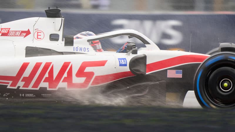 Haas of Kevin Magnussen kicks up spray during wet practice ahead of the 2022 Canadian Grand Prix