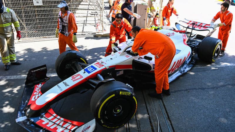 Haas of Mick Schumacher is pushed off track in practice for the 2022 Azerbaijan Grand Prix