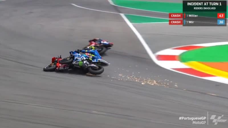 Jack Miller crashes into Joan Mir in the 2022 MotoGP Portuguese GP