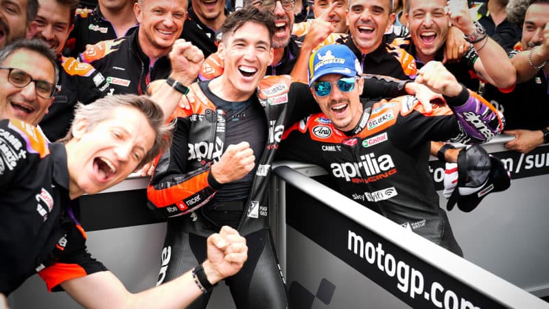 Maverick Vinales celebrates a podium finish with Aprilia in the 2022 MotoGP Assen TT