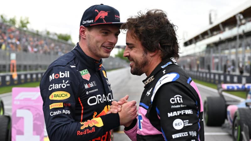 Max Verstappen and Fernando Alonso shake hands after 2022 Canadian GP qualifying