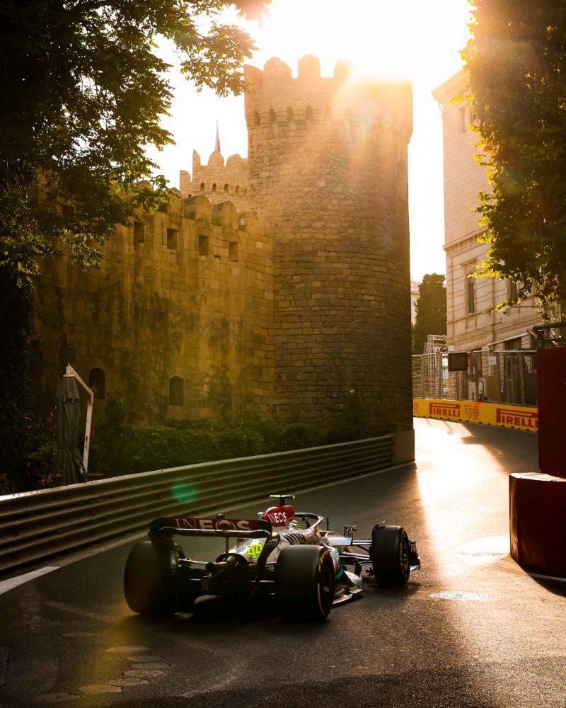 Mercedes-of-Lewis-Hamilton-heads-into-the-old-town-on-Baku-street-circuit