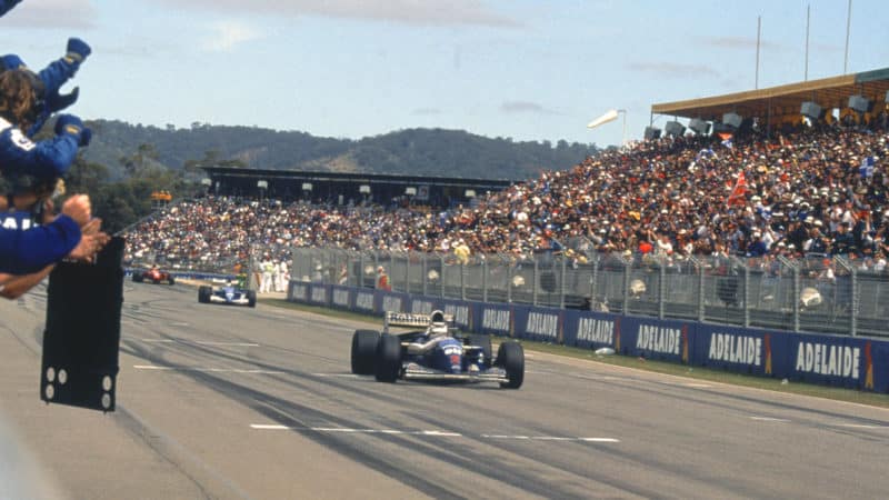 Nigel Mansell crosses the line to win the 1994 Australian Grand Prix
