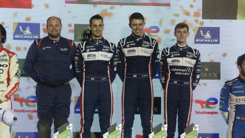 Oliver Jarvis Paul di Resta and Josh Pierson on the podium at Sebring in 2022