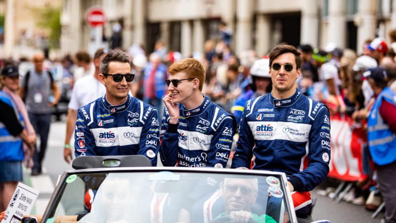 Oliver Jarvis with Josh Pierson and Alex Lynn in Le Mans driver parade
