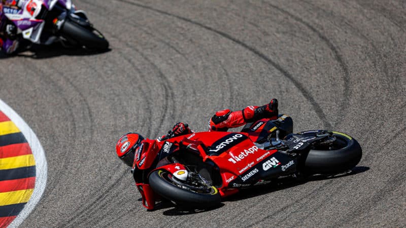 Pecco Bagnaia crashes out of the 2022 MotoGP German GP