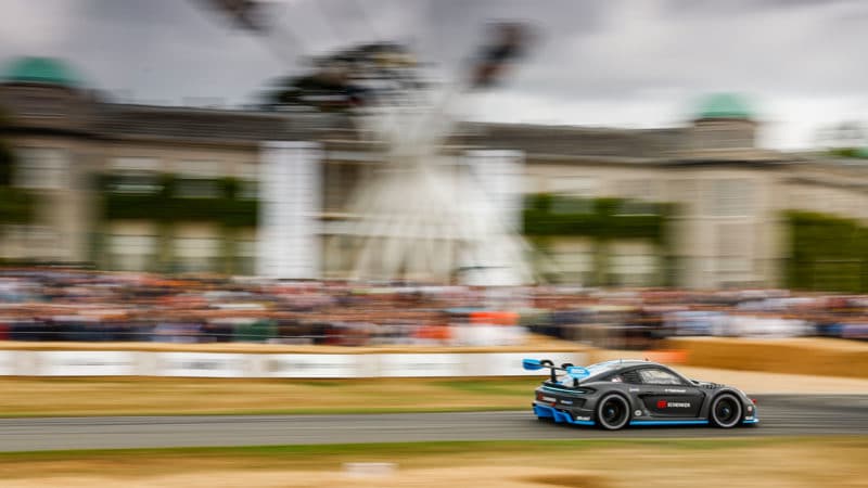 Porsche Cayman ePerformance on the hillclimb at the 2022 Goodwood Festival of Speed