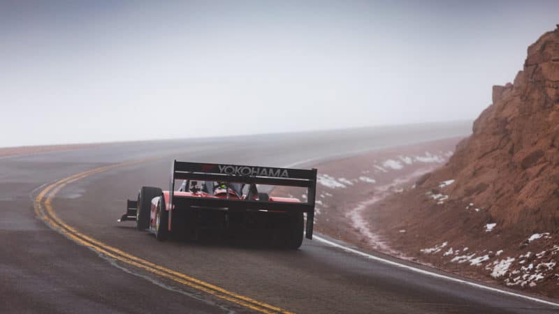 Rear view of Robin Shute Wolf on the Pikes Peak hillclimb in 2022