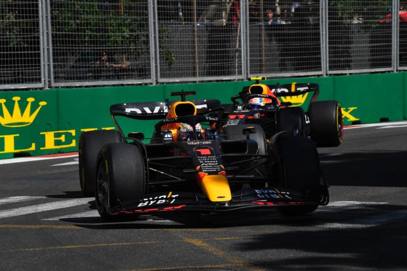 Max Verstappen leads Red Bull-Honda teammate Sergio Perez in the 2022 Azerbaijan Grand Prix in Baku. Photo: Grand Prix Photo