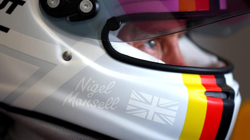 Sebastian Vettel in helmet with Nigel Mansell design outlines