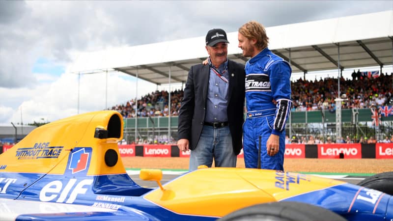 Sebastian Vettel with Nigel Mansell and Williams FW14B at Silverstone