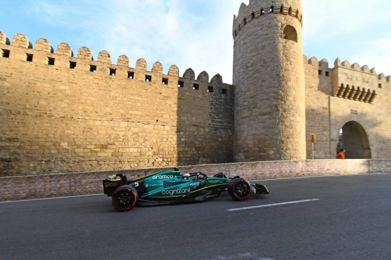 Sebastian Vettel (Aston Martin-Mercedes) in front of city wall during practice for the 2022 Azerbaijan Grand Prix in Baku. Photo:
