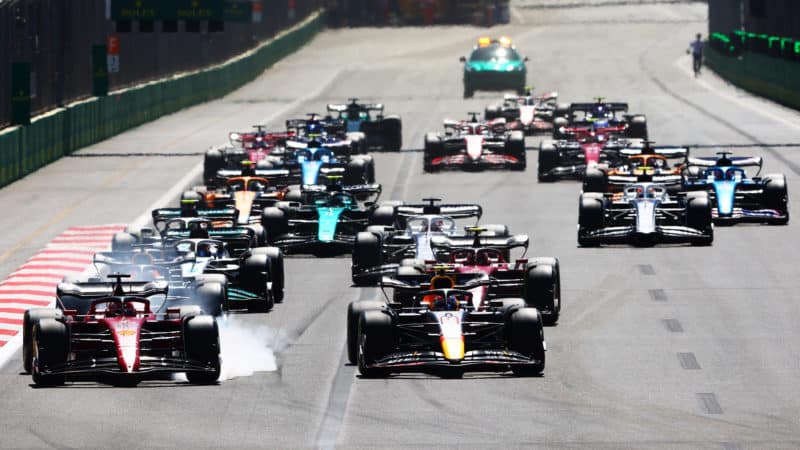 Sergio Perez takes the lead at the start of the 2022 Azerbaijan Grand Prix