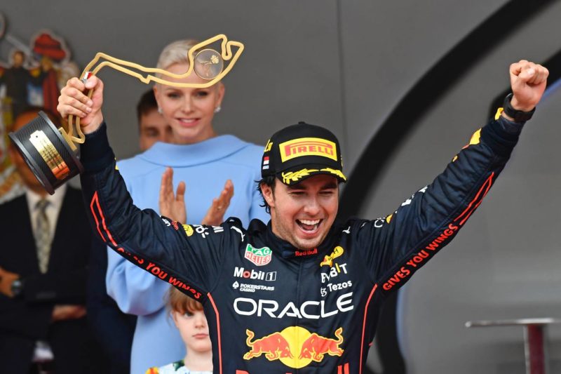 Sergio Perez (Red Bull-Honda) on the podium with his trophy after the 2022 Monaco Grand Prix in Monte Carlo.