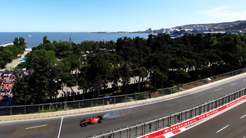 Smoke from Ferrari of Charles Leclerc in the 2022 Azerbaijan GP