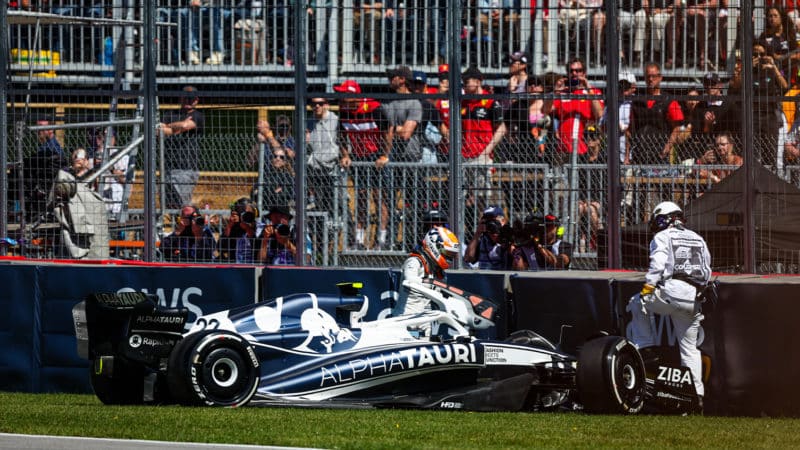 Yuki Tsunoda gets out of his AlphaTauri after crashing in the 2022 Canadian Grand Prix